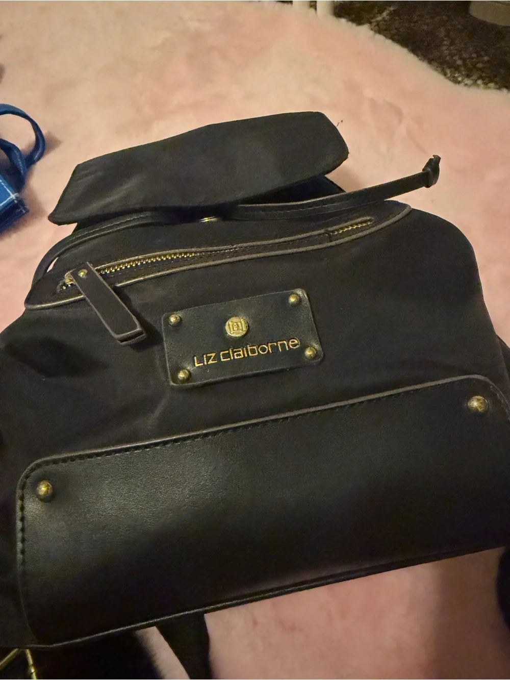 Liz Claiborne Black Nylon Mini Backpack with Gold Hardware